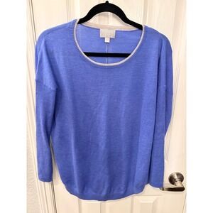 Pure Collection Sweater Blue Superfine Cashmere Scoop Neck Contrast Trim Top